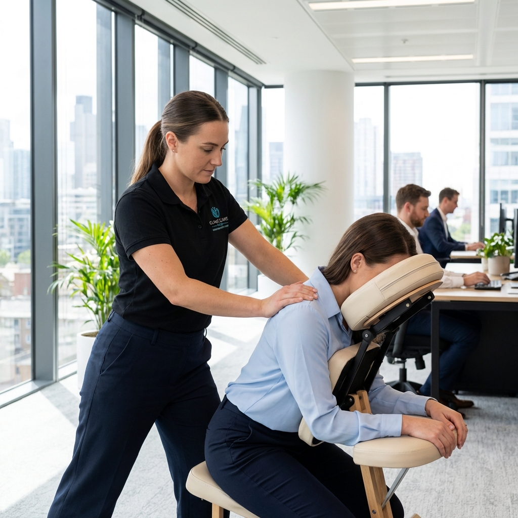 Therapist providing a chair massage in a corporate wellness setting